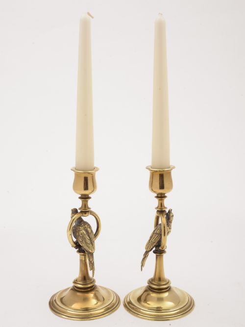 Pair of French Brass Parrot Candlesticks Circa 1900