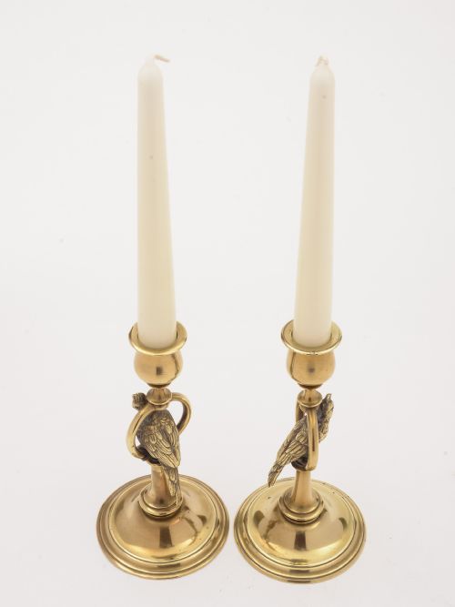 Pair of French Brass Parrot Candlesticks Circa 1900