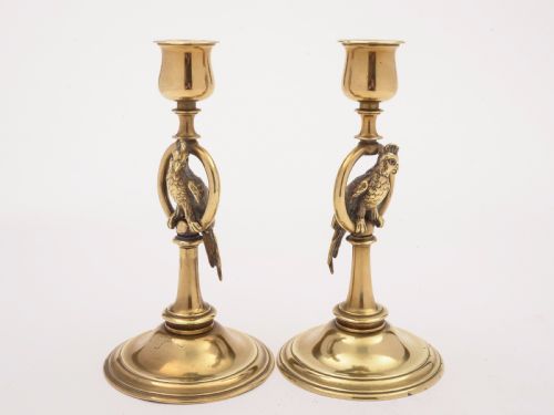 Pair of French Brass Parrot Candlesticks Circa 1900