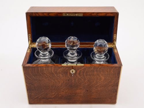 Victorian Oak Cased Three Bottle Tantalus Circa 1880