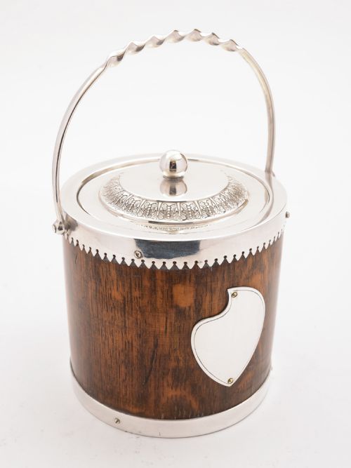 Victorian Oak and Silver Plated Biscuit Barrel Circa 1890
