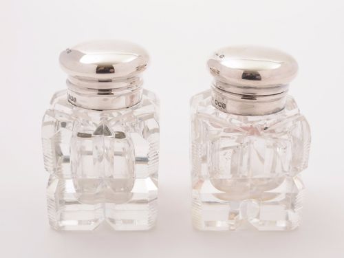 Pair of Silver Topped Cut Glass Ink Pots Sheffield 1927