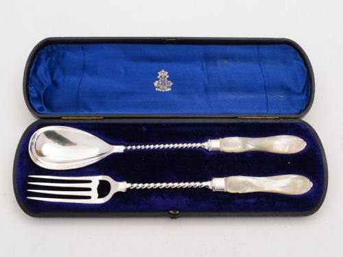 Elkington Silver Plated and Mother of Pearl Salad Servers Circa 1880