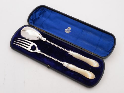 Elkington Silver Plated and Mother of Pearl Salad Servers Circa 1880