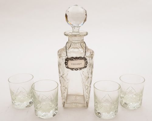 Whiskey Decanter with 4 Whiskey Tumblers Circa 1920
