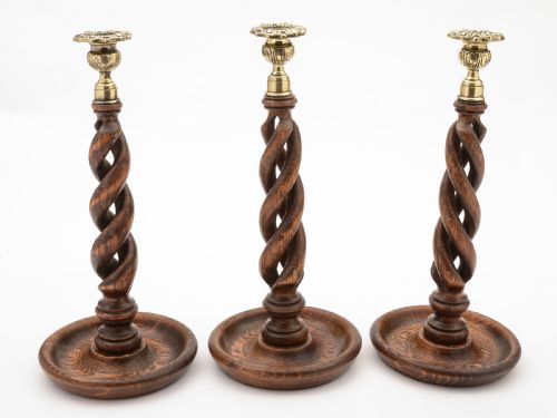 Trio of Oak Open Barley Twist Candlesticks Circa 1920
