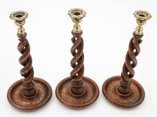 Trio of Oak Open Barley Twist Candlesticks Circa 1920