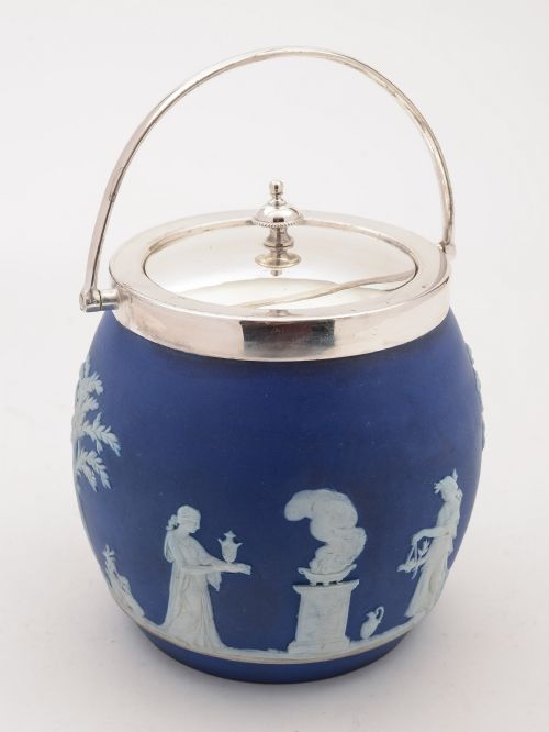 Wedgwood Blue Jasperware Biscuit Barrel Circa 1900