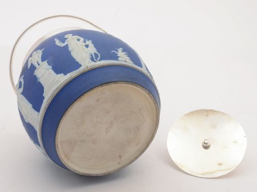 Wedgwood Blue Jasperware Biscuit Barrel Circa 1900