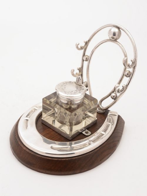 Oak and Silver Plated Horseshoe Ink Stand Circa 1905