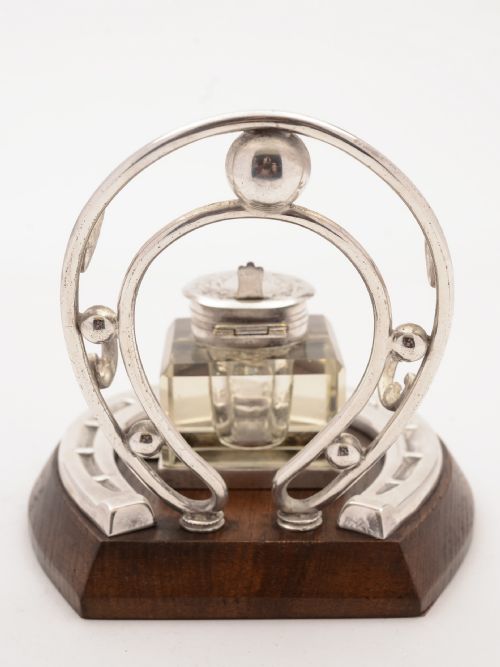 Oak and Silver Plated Horseshoe Ink Stand Circa 1905