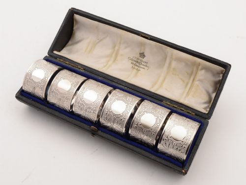 Cased Set of 6 Silver Plated Napkin Rings Circa 1900