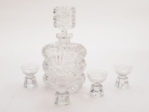 Bohemian Cut Glass Decanter and Glasses Circa 1930