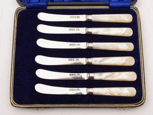 Edwardian Cased Silver and M.O.P Butter Knives Sheffield 1910