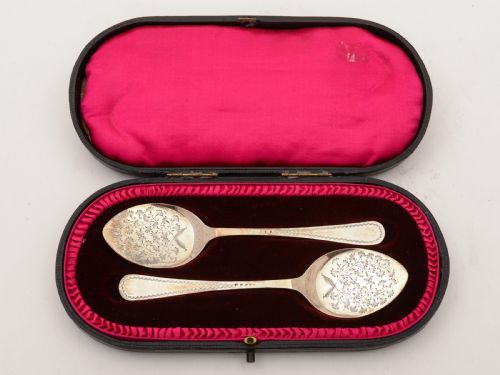 Pair of English Silver Preserve Spoons Sheffield 1911