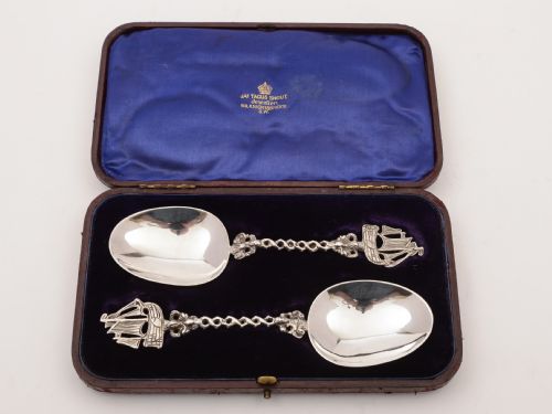 Cased Pair of Dutch Silver Serving Spoons Circa 1900