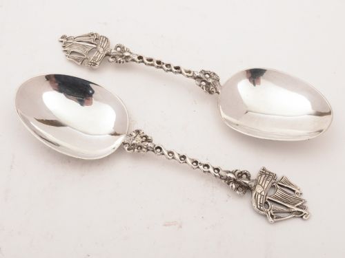 Cased Pair of Dutch Silver Serving Spoons Circa 1900
