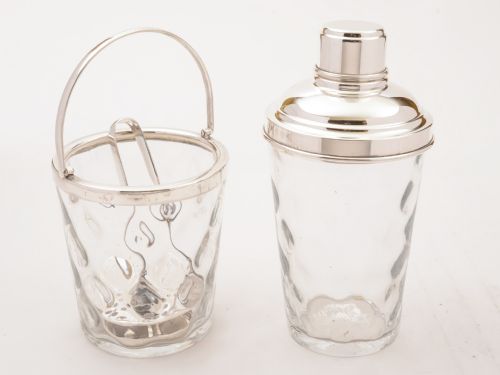 Glass & Silver Plated Cocktail Shaker with Ice Bucket Circa 1930