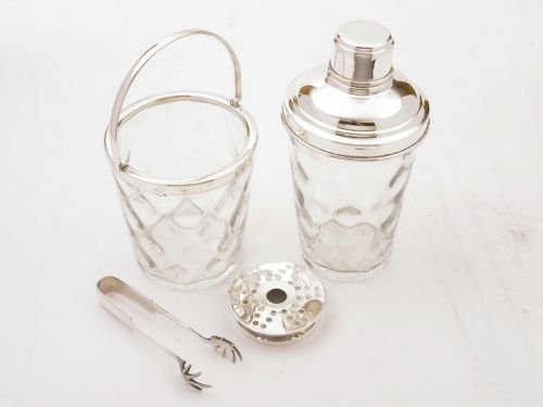 Glass & Silver Plated Cocktail Shaker with Ice Bucket Circa 1930