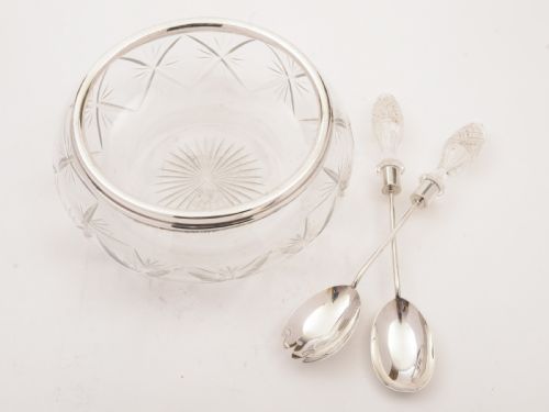 Edwardian Cut Glass and Silver Salad Bowl With Servers