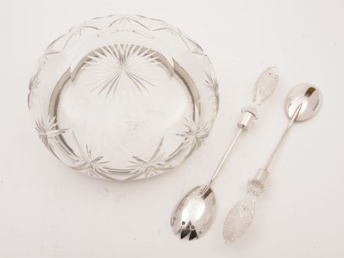 Edwardian Cut Glass and Silver Salad Bowl With Servers