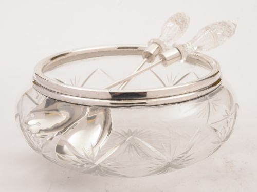 Edwardian Cut Glass and Silver Salad Bowl With Servers