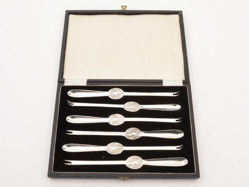 Cased Set of 6 Silver Plated Lobster Picks Circa 1920