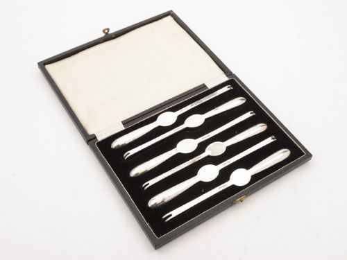 Cased Set of 6 Silver Plated Lobster Picks Circa 1920