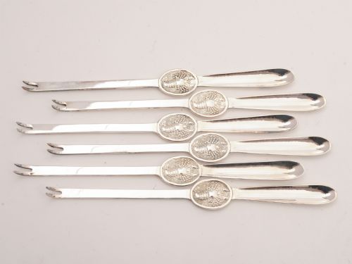 Cased Set of 6 Silver Plated Lobster Picks Circa 1920