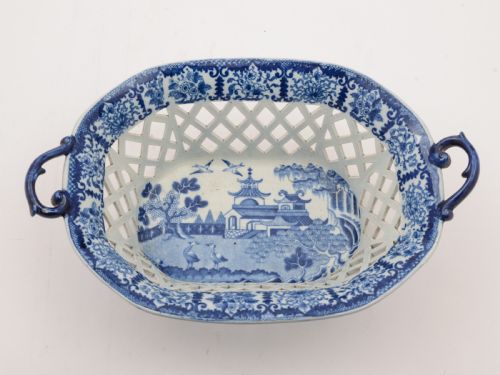 English Blue and White China Chestnut Basket Circa 1830