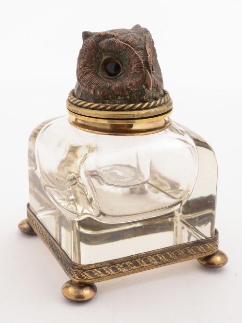 French Bronze Owl Topped Ink Pot Circa 1900