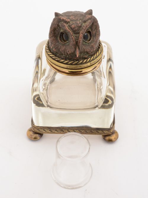 French Bronze Owl Topped Ink Pot Circa 1900