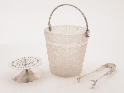 Edwardian Glass Ice Bucket with Tongs Circa 1905