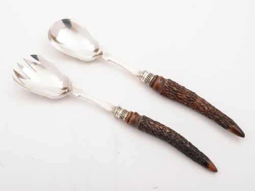 Victorian Antler Handled Salad Servers Circa 1890