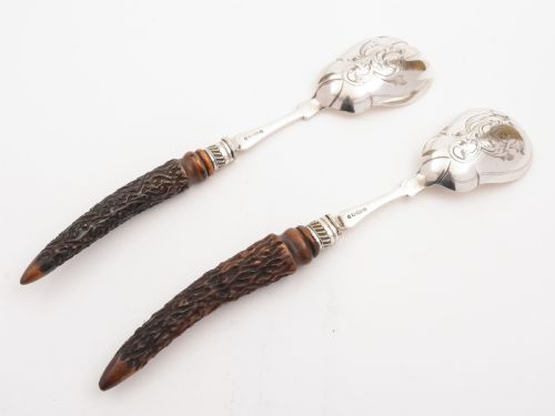 Victorian Antler Handled Salad Servers Circa 1890