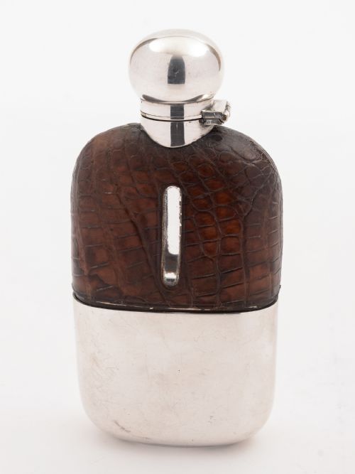 Edwardian Silver Plate and Crocodile Hip Flask Circa 1905
