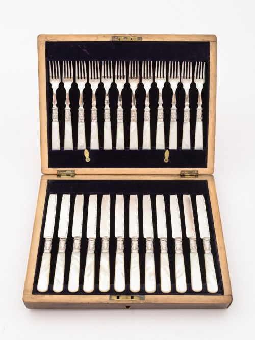 Cased Mother of Pearl and Silver Plated Dessert Set Circa 1905