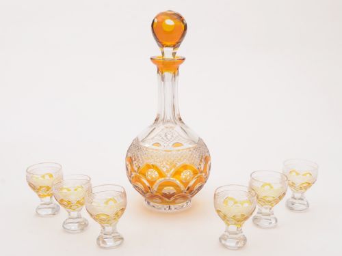 Edwardian Amber Overlay Decanter Set Circa 1905