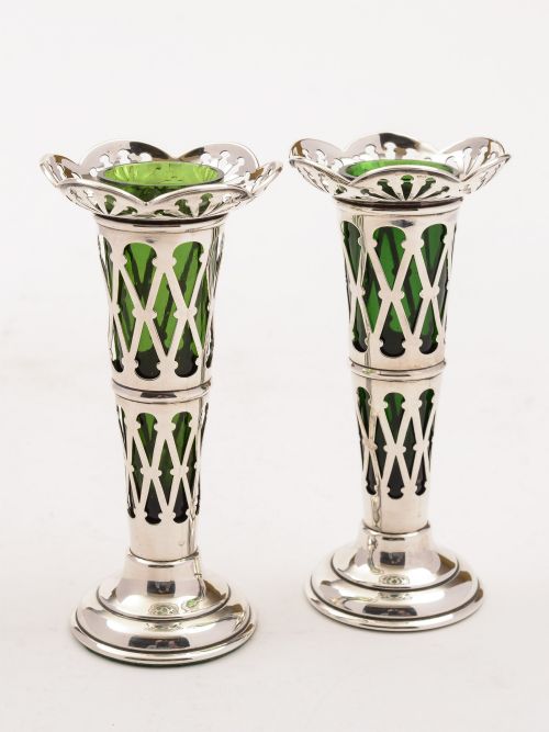 Pair of Silver and Green Glass Vases Birmingham 1911