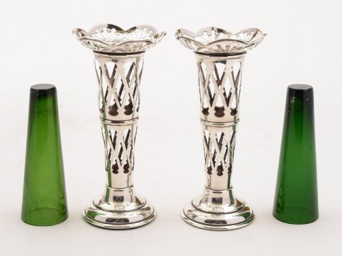 Pair of Silver and Green Glass Vases Birmingham 1911
