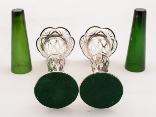 Pair of Silver and Green Glass Vases Birmingham 1911