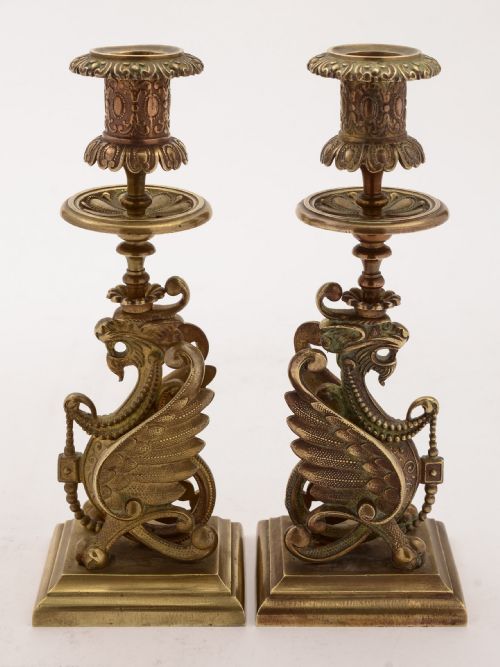 Pair of French Brass Griffin Candlesticks Circa 1900