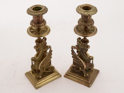 Pair of French Brass Griffin Candlesticks Circa 1900