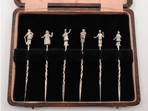 Set of 6 Silver Charles Dickens Cocktail Sticks