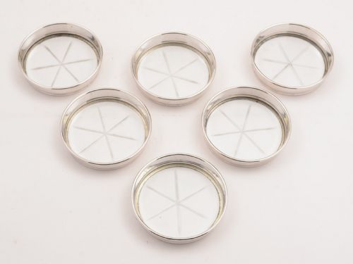 Set of 6 Sterling Silver and Glass Coasters Circa 1920