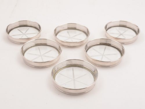 Set of 6 Sterling Silver and Glass Coasters Circa 1920