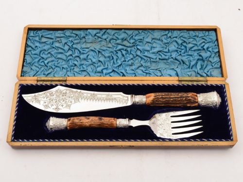 Cased Victorian Antler Handled Fish Servers 1883