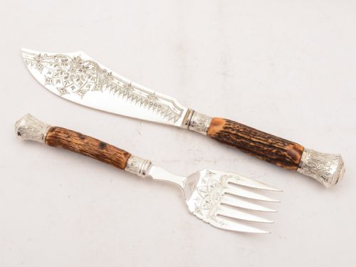 Cased Victorian Antler Handled Fish Servers 1883