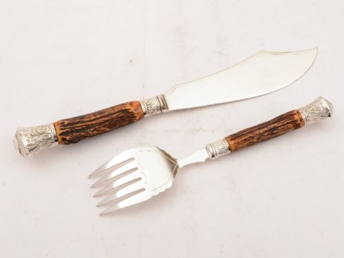 Cased Victorian Antler Handled Fish Servers 1883