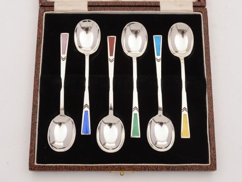 Beautiful Art Deco Silver and Enamel Spoons Sheffield 1935